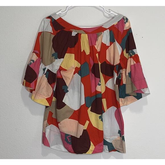 French Connection Top Size 12 Colorful Abstract Flowy Flutter Sleeve Blouse Art - Picture 8 of 14